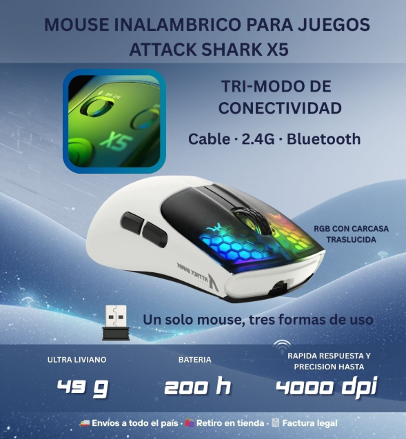 MOUSE ATTACK SHARK X5 RGB TRIMODO CABLE/WIR/BT BLANCO
